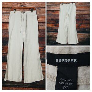 Express 100% Linen Pants Size 7 8 Cream Wide Leg Button Fly Drawstring Side Slit